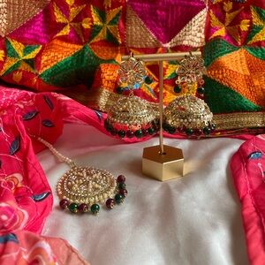 Green and Maroon Golden Earrings with Tikka